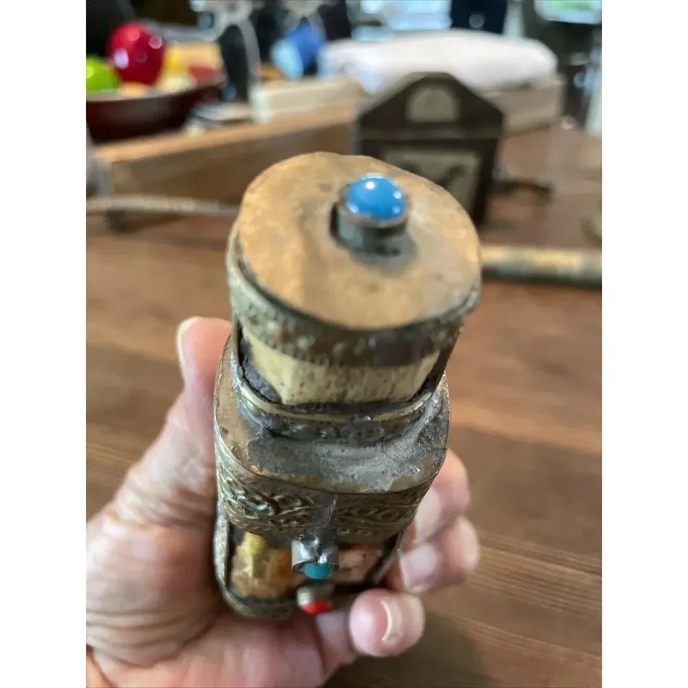 Vntg Carved Snuff Bottle Bovine Bone Silver Brass Turquoise Coral 5”Tibetan